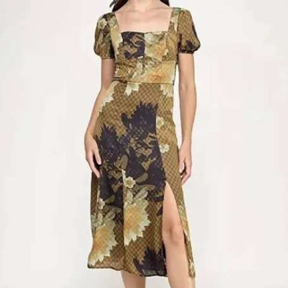 BCX Women Dress XS Neutral Floral Checkered Puff Sleeve Side Slit Midi Dress NWT